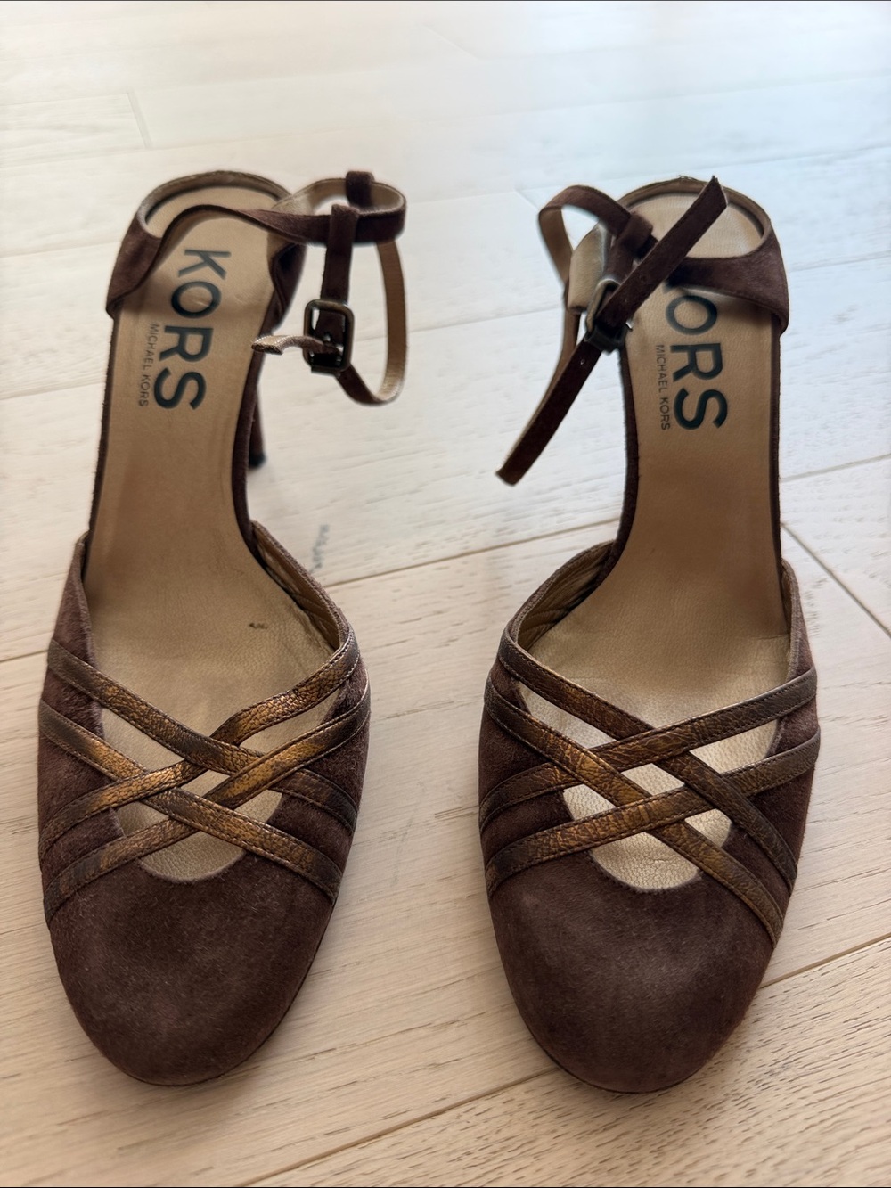 MICHAEL KORS Brown Suede & Bronze Strappy Ankle-Heel Sandals